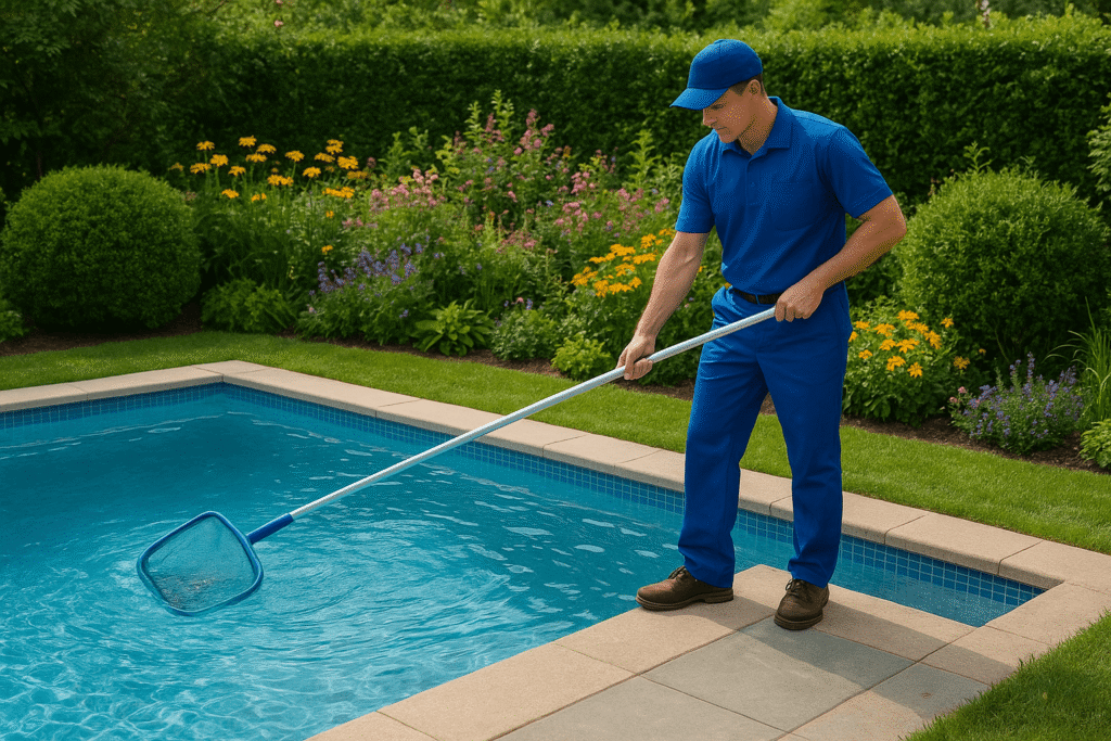profissional-limpando-piscina-com-jardim-perto