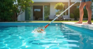 Pessoa fazendo a manutenção da piscina e limpando piscina com rede para remoção de folhas na superfície da água