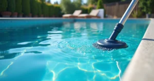 Pessoa fazendo a Manutenção de piscina com equipamento de aspiração e filtro ligado, bordas limpas e água cristalina