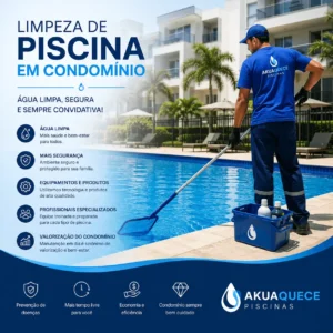 Profissional limpando piscina em condominio