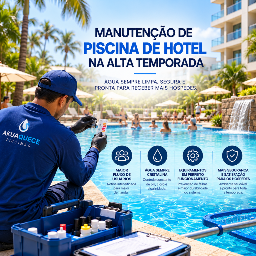 Profissional fazendo a manutenção de piscina de hotel na alta temporada