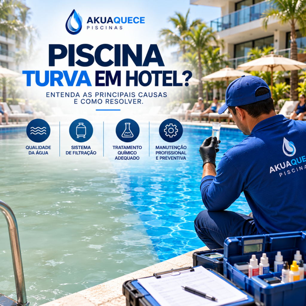 Profissional fazendo a limpeza de uma piscina turva em hotel